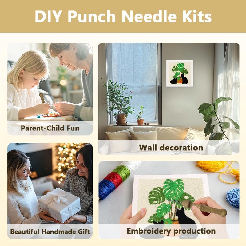 DOODLREAM Cat Monstera DIY Punch Needle Embroidery Kit for Adult Beginner, 9.4" Black Cat Potted Plant Punch Stitching Craft Set for Starter with Frame, Fabric Pattern, Threader, Yarn, Pinch Needle - Image 4